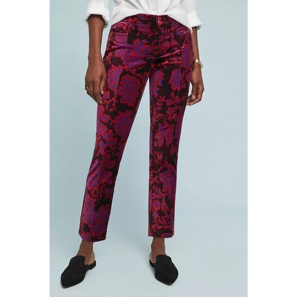 Anthropologie Velvet Pants Womens 0 Boho Essential Slim Floral Ankle Jewel Tone - Picture 1 of 16